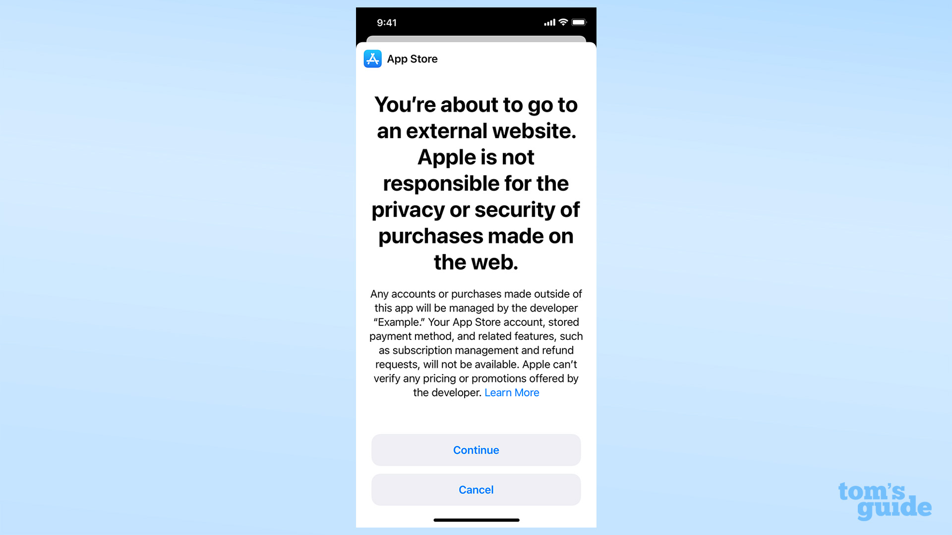 Un exemple de fiche d'information pour les applications iOS App Store souhaitant utiliser des systèmes de paiement externes