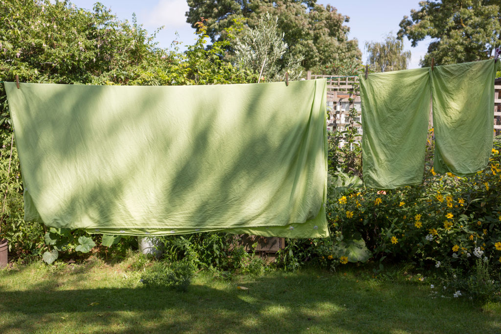 Un ensemble de draps en lin vert séchant sur la corde à linge