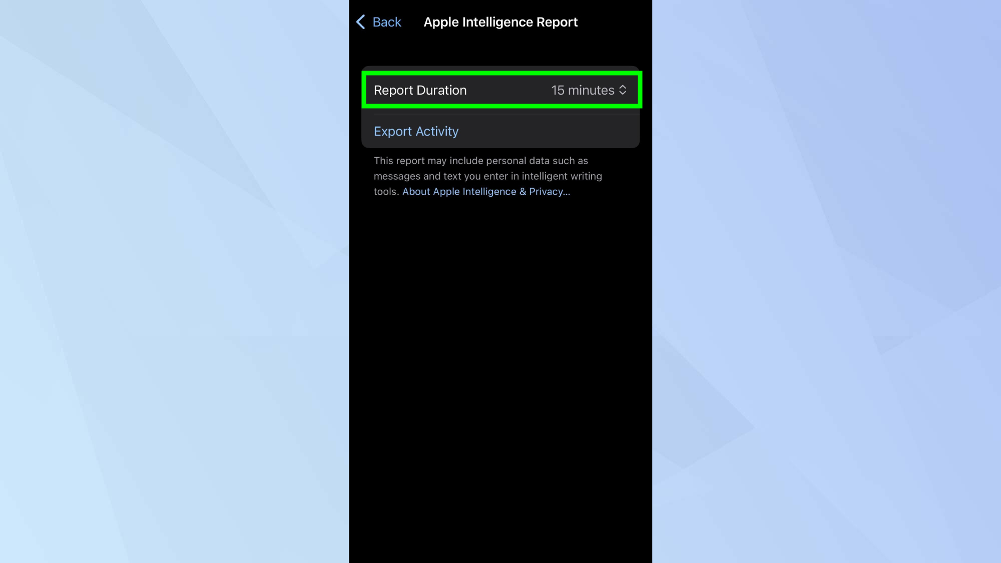 Durée du rapport Apple Intelligence mise en évidence