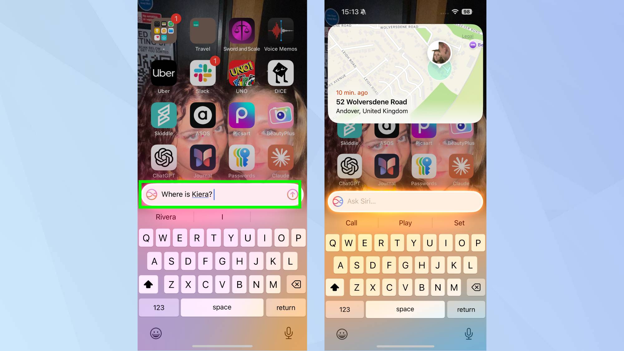 Tapez la commande de localisation Siri