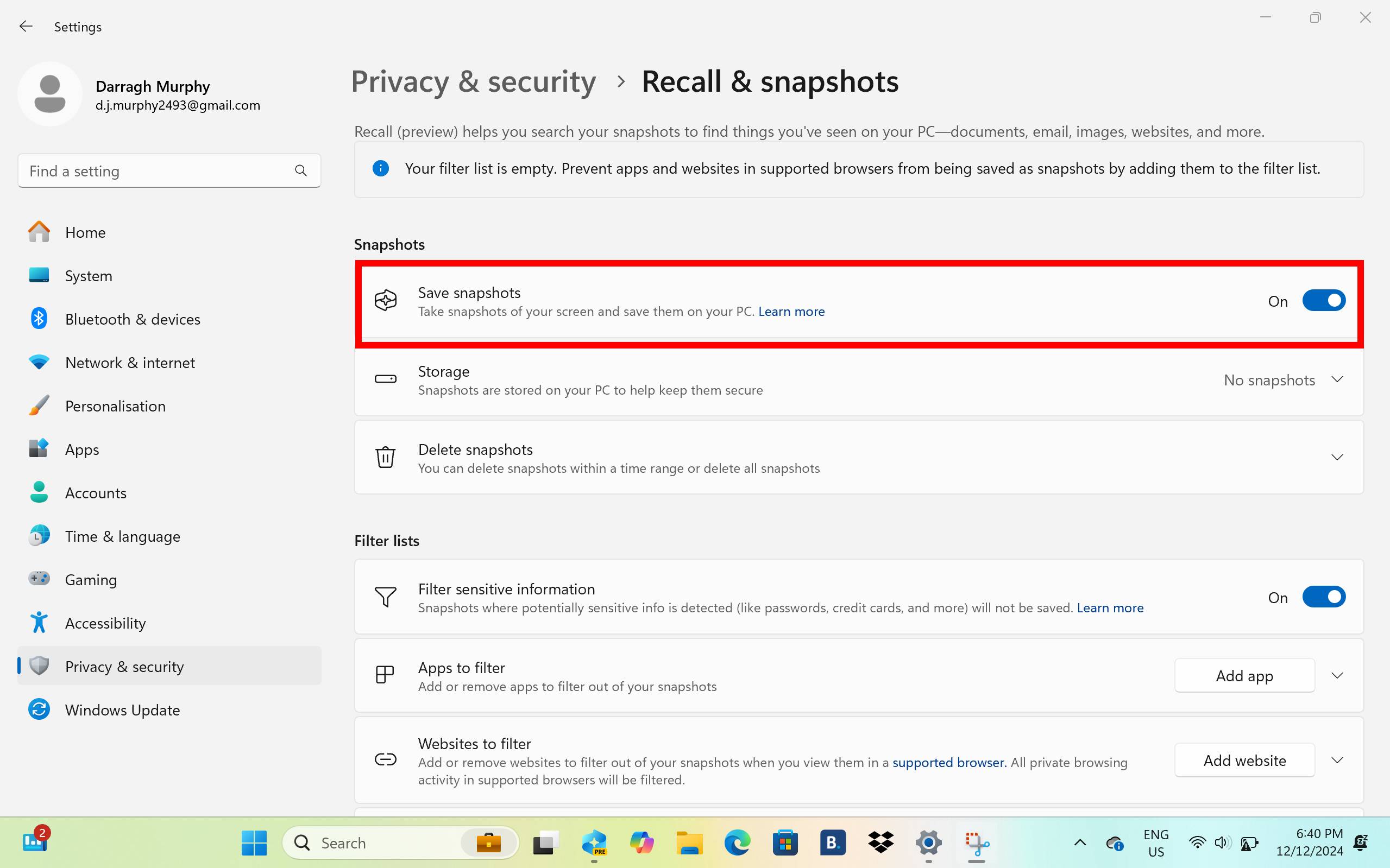 Paramètres Windows affichant les paramètres de la fonction de rappel