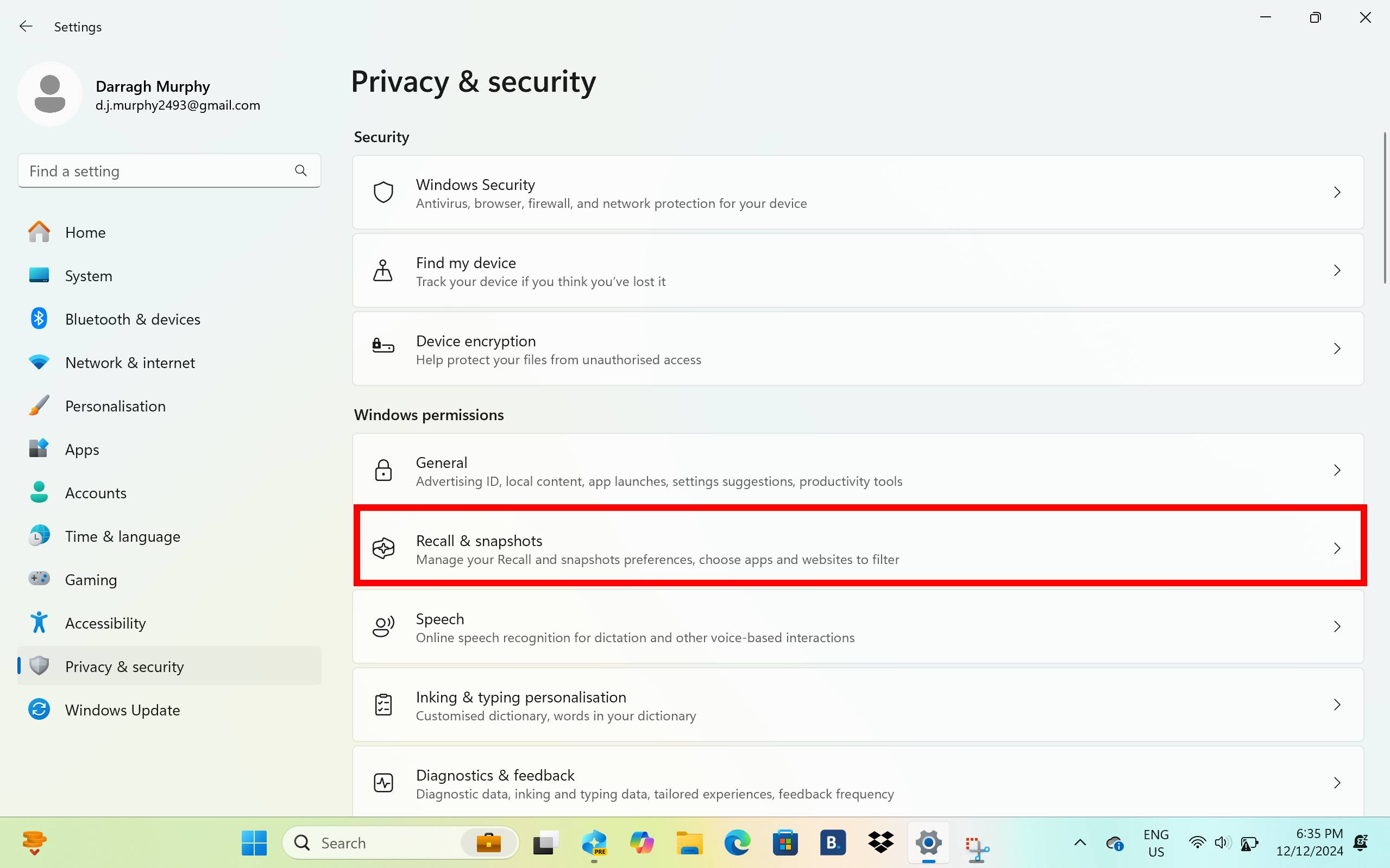 Paramètres Windows affichant le rappel et les instantanés