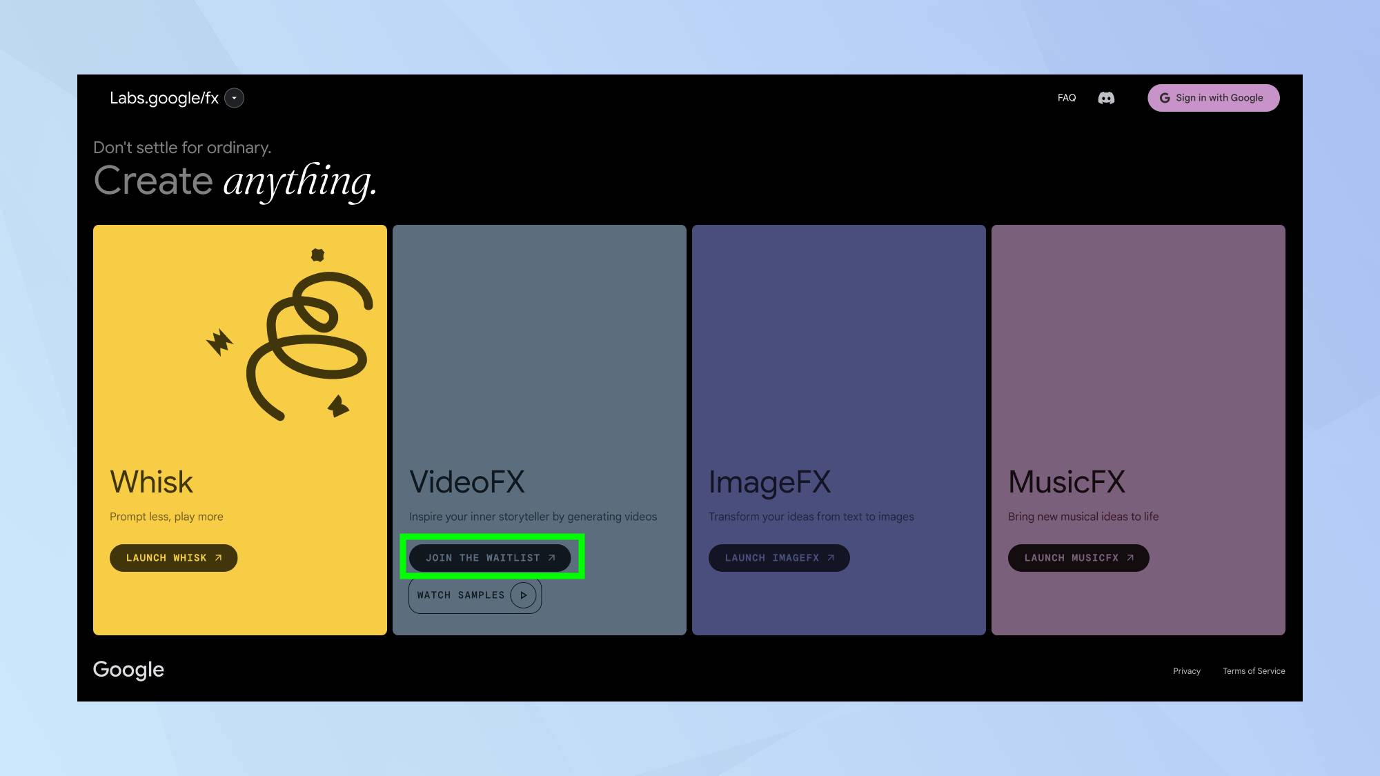 VideoFX Rejoignez la liste d'attente mise en évidence dans Google Labs