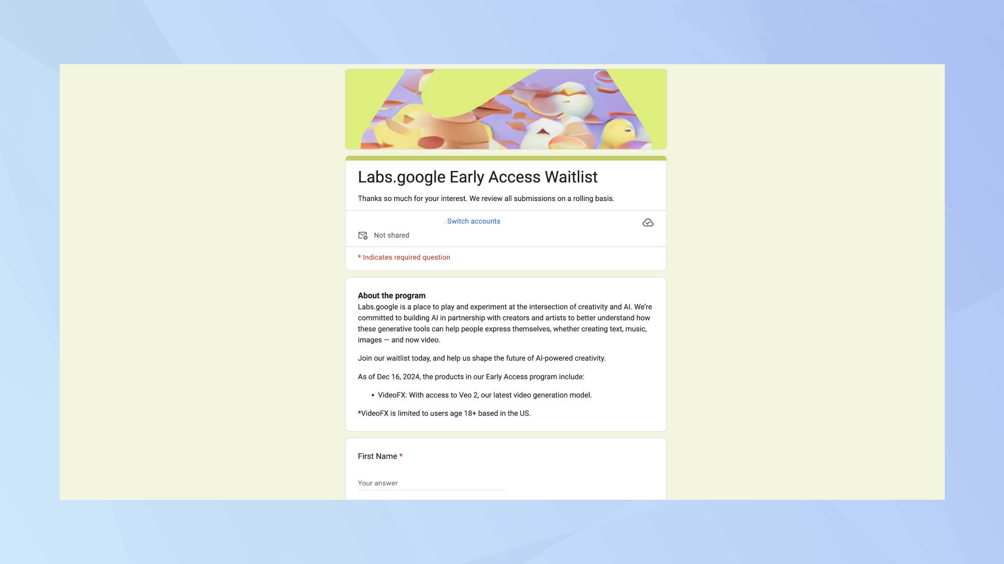 Formulaire de liste d'attente pour l'accès anticipé de Google Labs