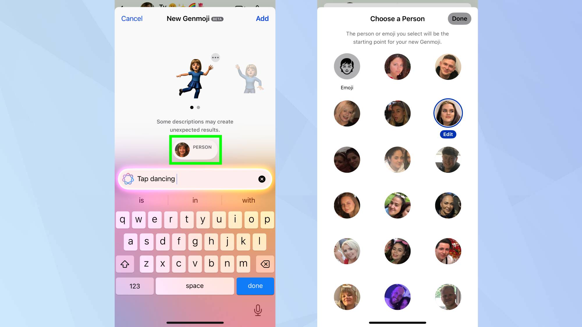 Personne mise en évidence dans l'interface Genmoji