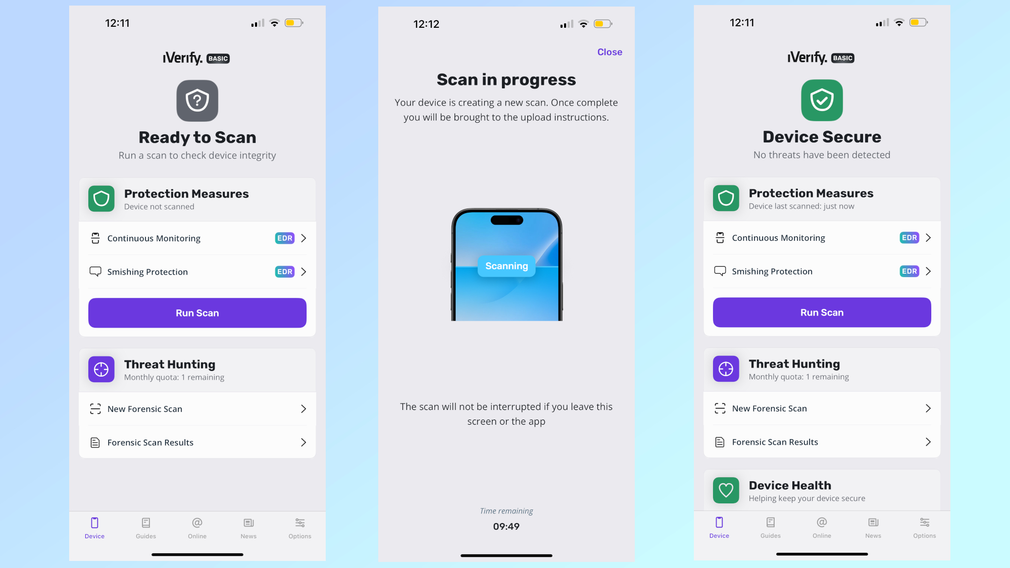 Captures d'écran montrant l'application iVerify analysant un iPhone à la recherche de logiciels espions