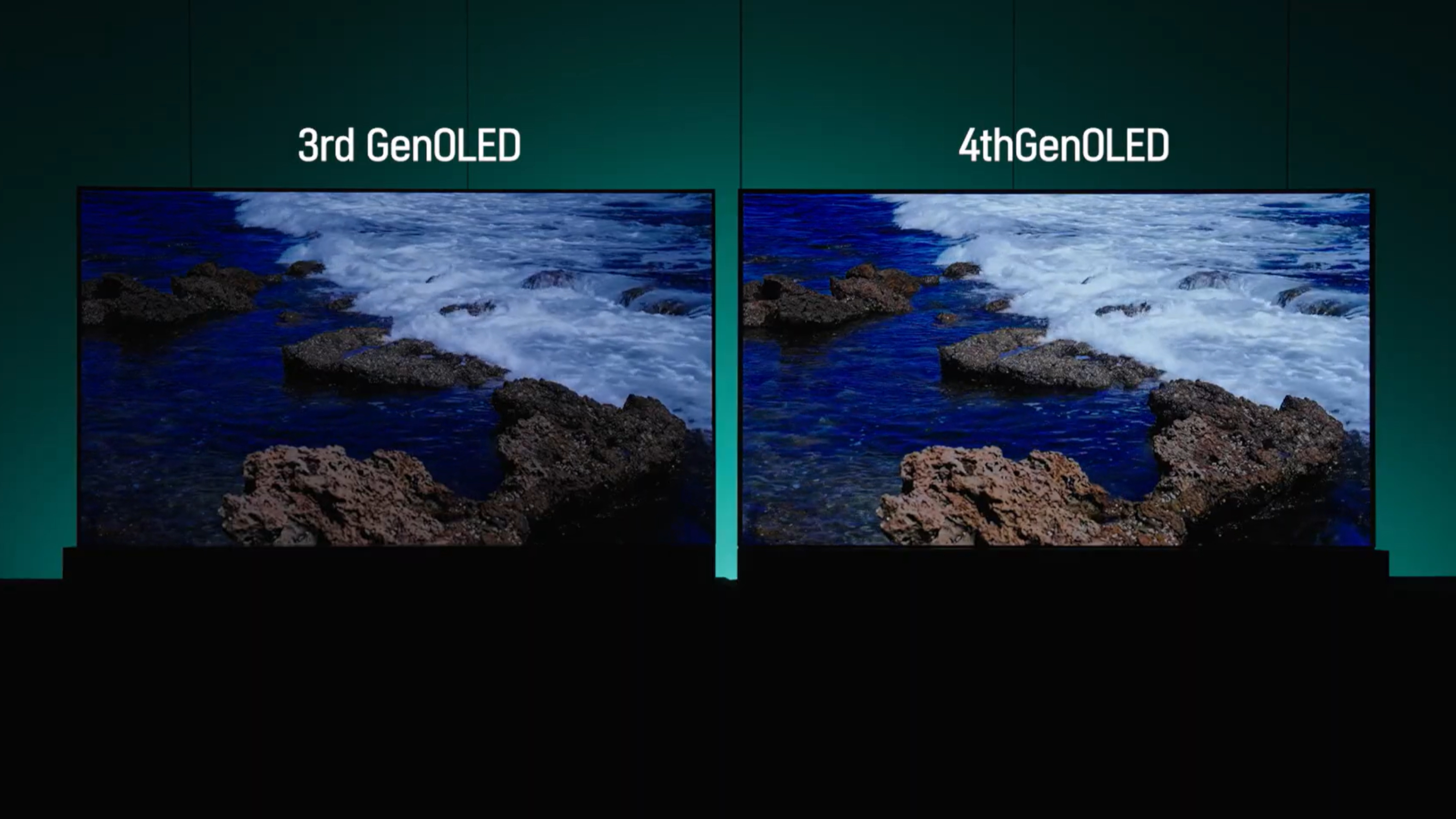 Une comparaison côte à côte d'un panneau LG Display OLED de troisième génération (à gauche) et d'un panneau LG Display OLED de quatrième génération (à droite). Les deux panneaux affichent des vagues s'écrasant sur des rochers sur un rivage, mais l'image de droite est nettement plus lumineuse, avec des détails d'ombre améliorés.