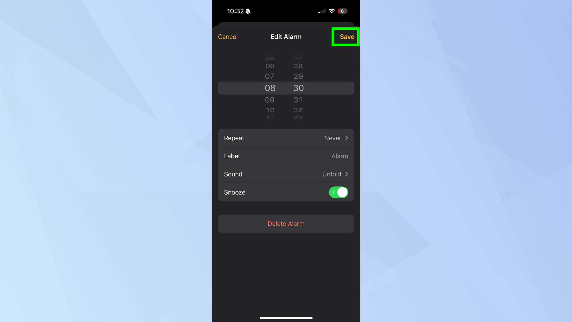 Enregistrer l'alarme iPhone en surbrillance