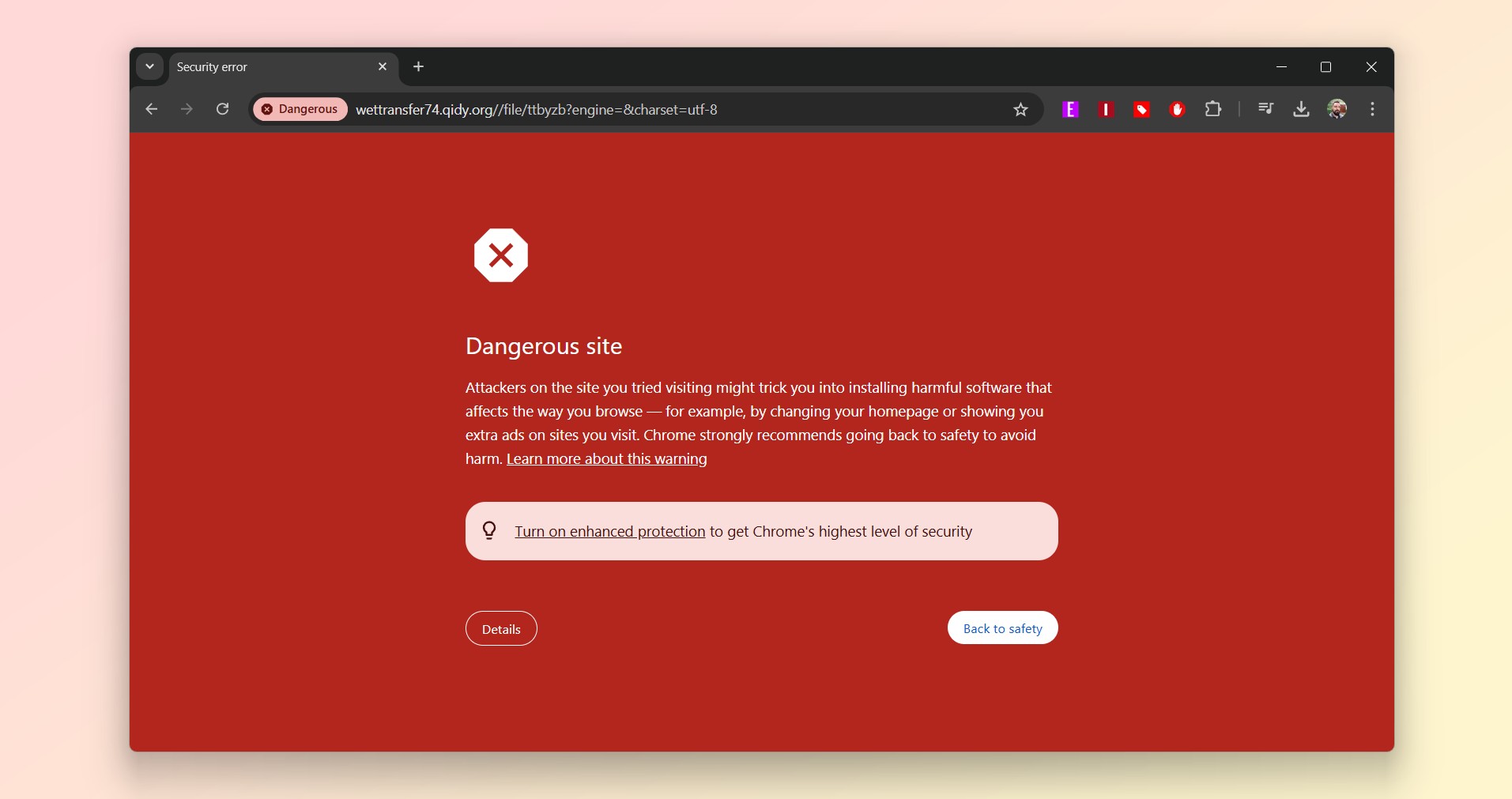 Une capture d'écran d'un message d'avertissement Chrome affiché lorsque vous essayez de naviguer vers un site Web dangereux