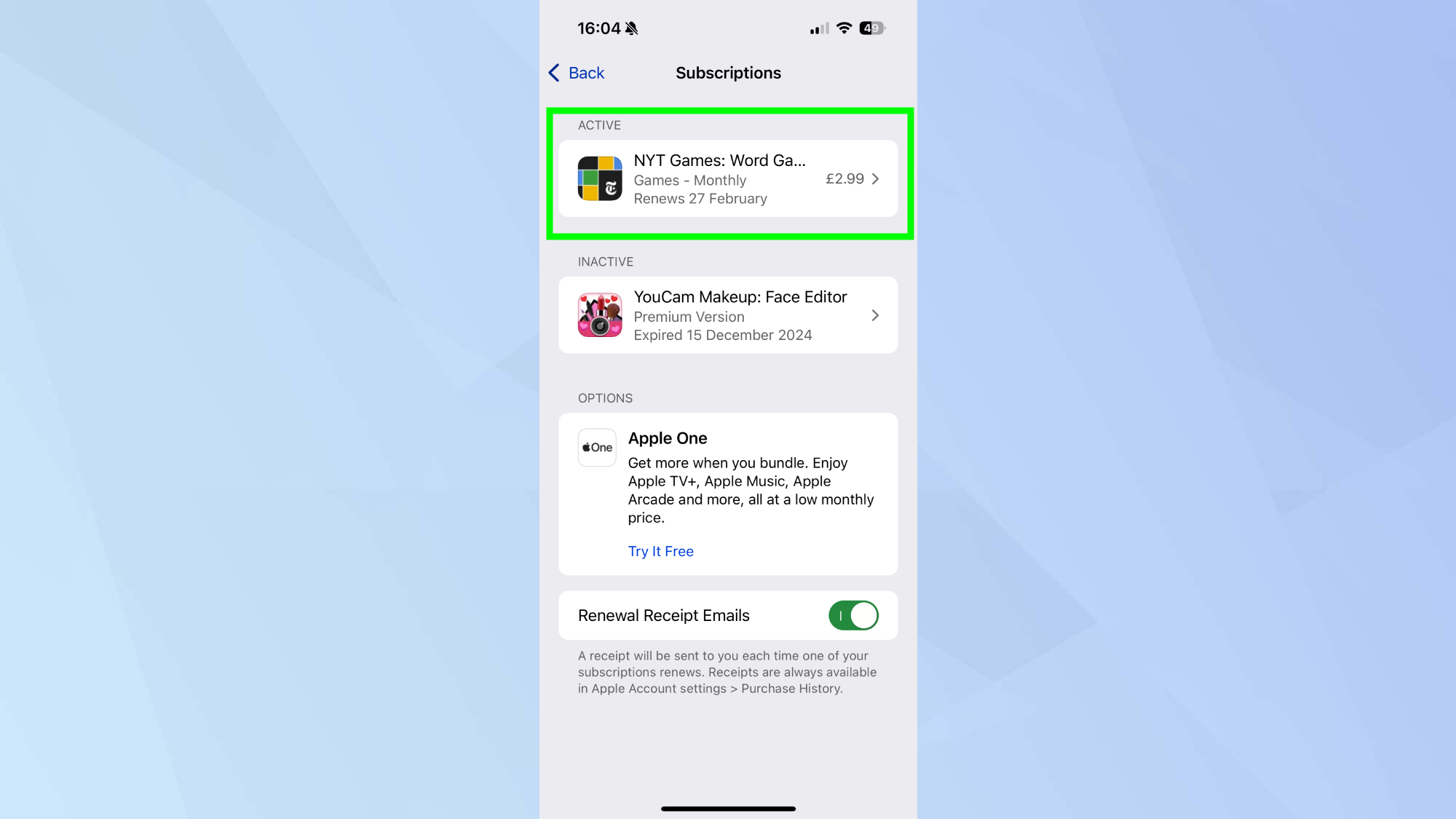 Liste des abonnements iPhone mis en évidence