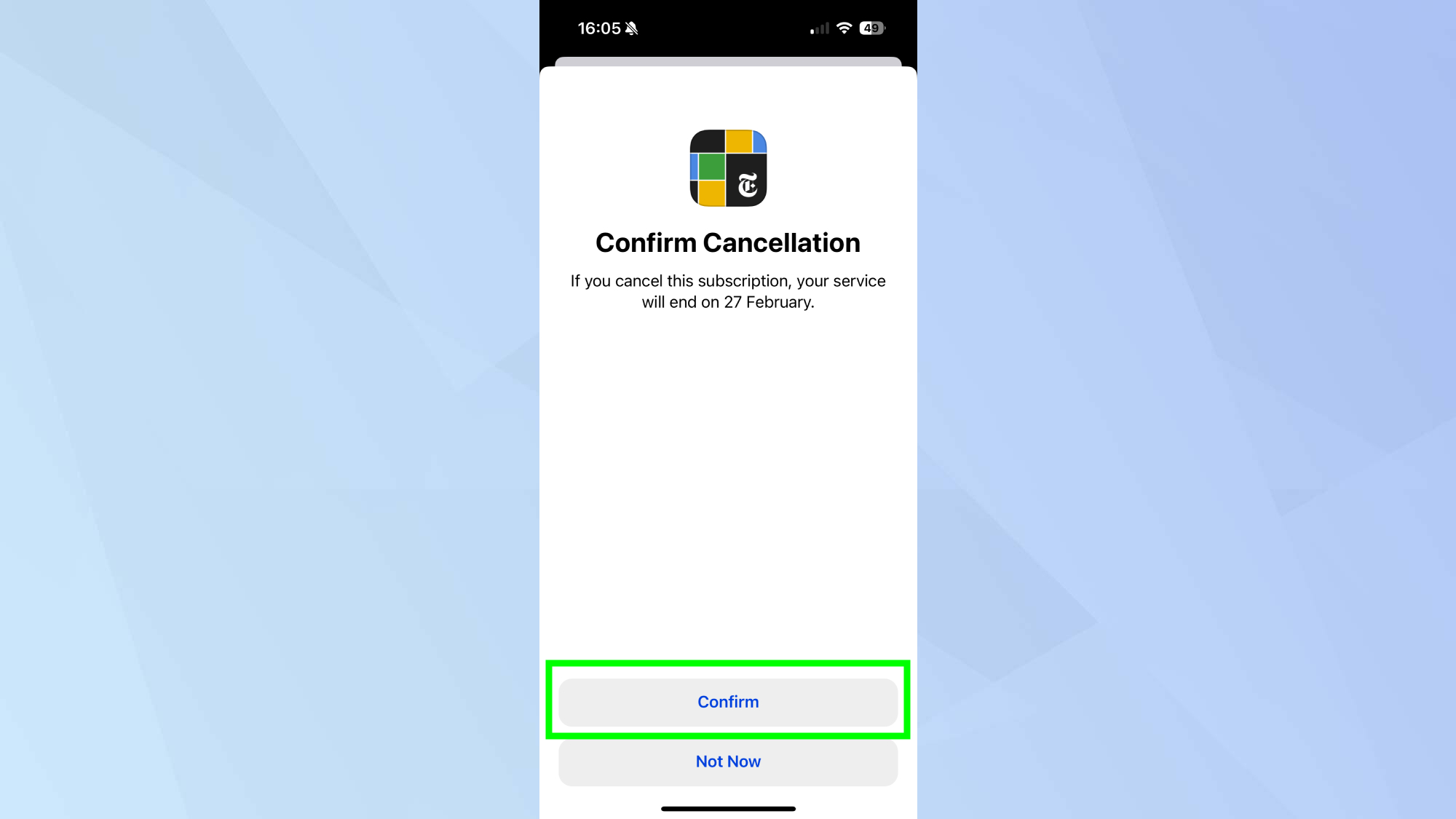 Confirmer l'annulation de l'abonnement sur l'iPhone mis en surbrillance