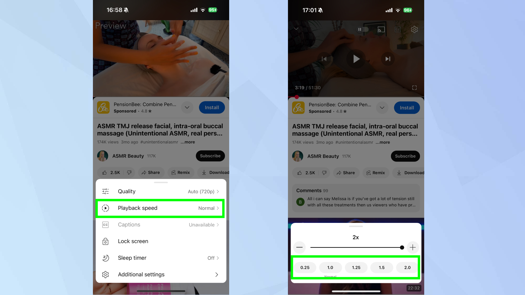 Les vitesses de lecture mises en évidence sur YouTube