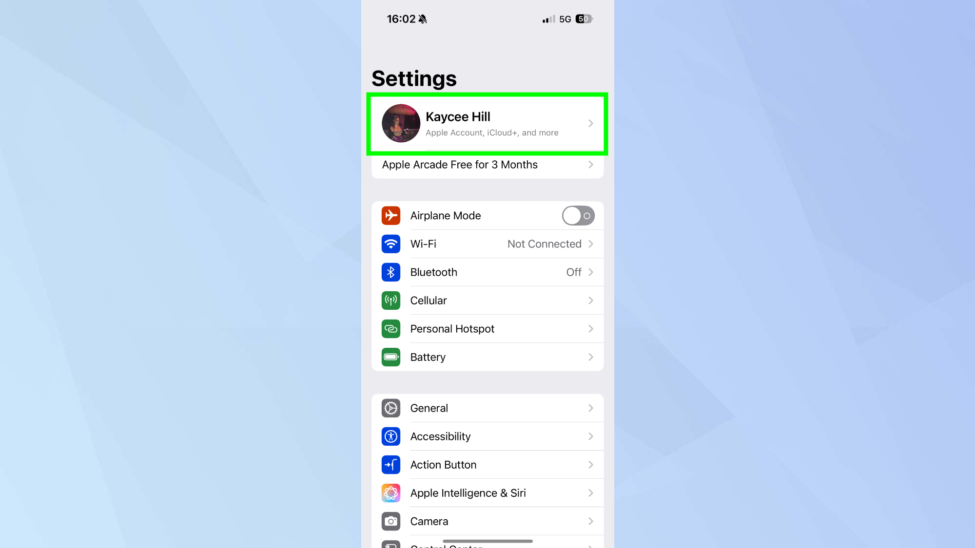 Nom mis en surbrillance dans les paramètres de l'iPhone