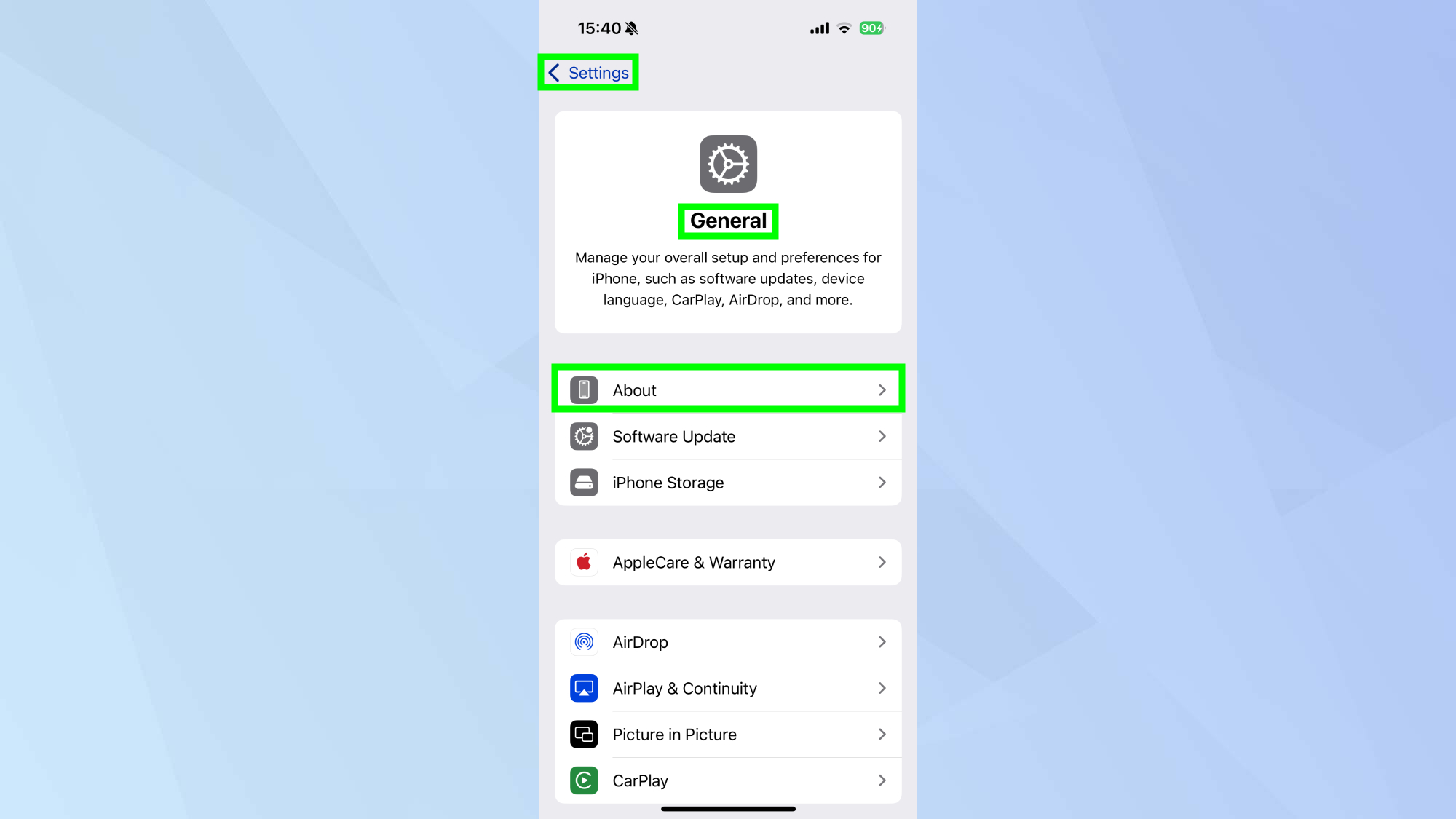 À propos mis en évidence dans les paramètres