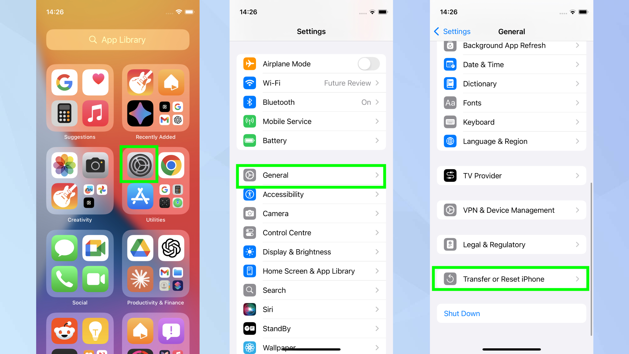 Transférer ou réinitialiser l'iPhone mis en surbrillance dans Paramètres