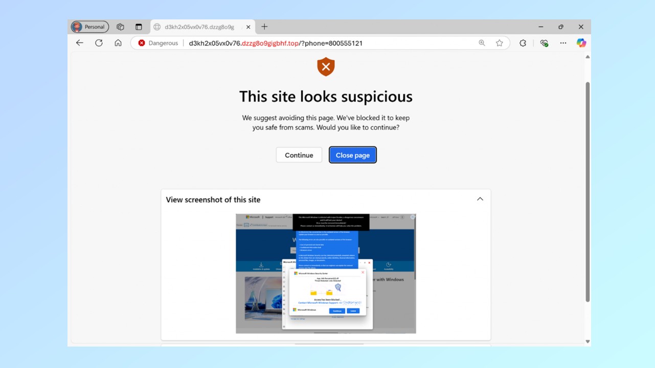 Une capture d'écran montrant le nouveau bloqueur de Scareware de Microsoft Edge en action