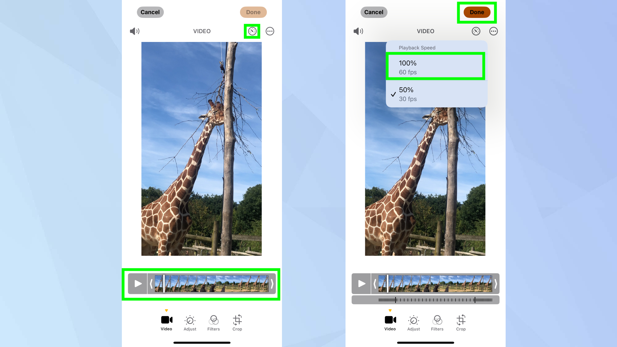 Paramètres de vitesse mis en évidence sur les photos