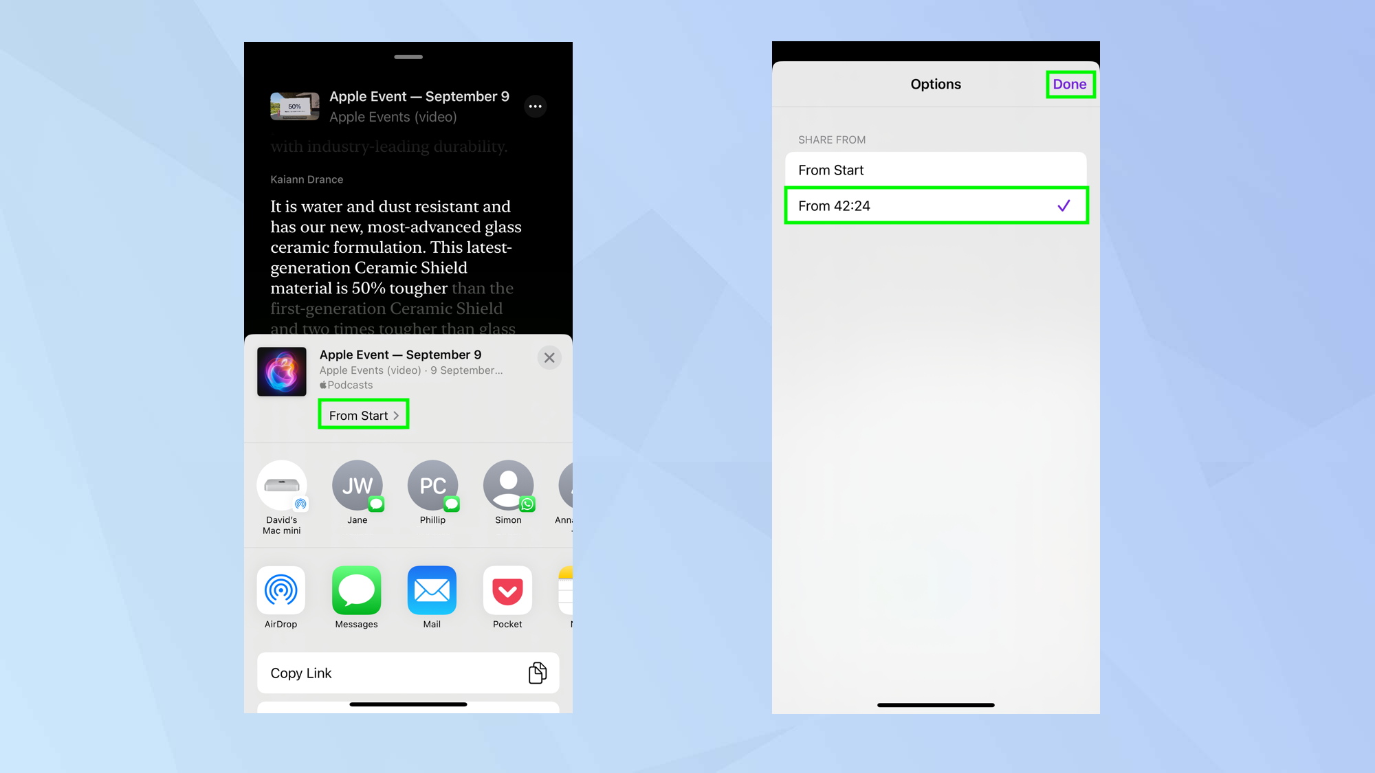 Comment partager une section d'un podcast dans iOS