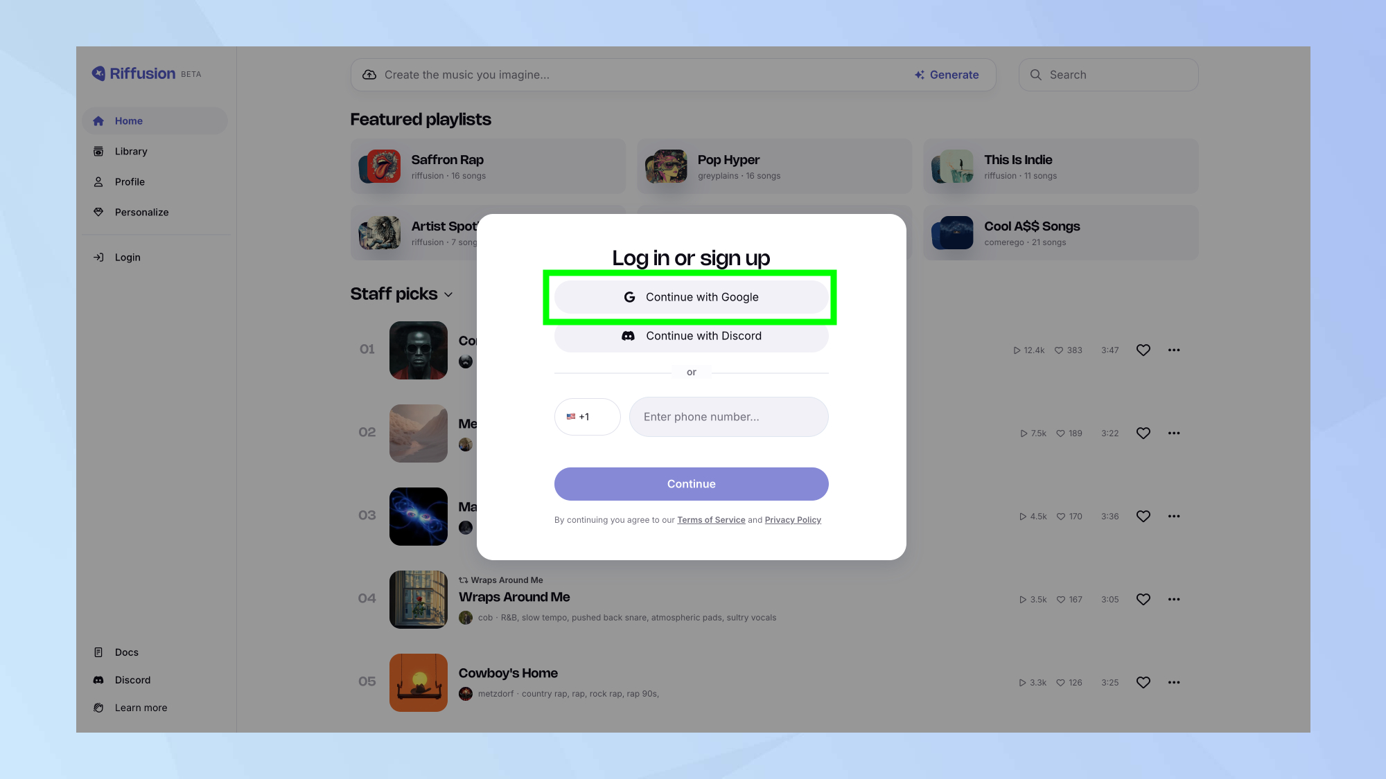 Page de connexion Riffusion AI
