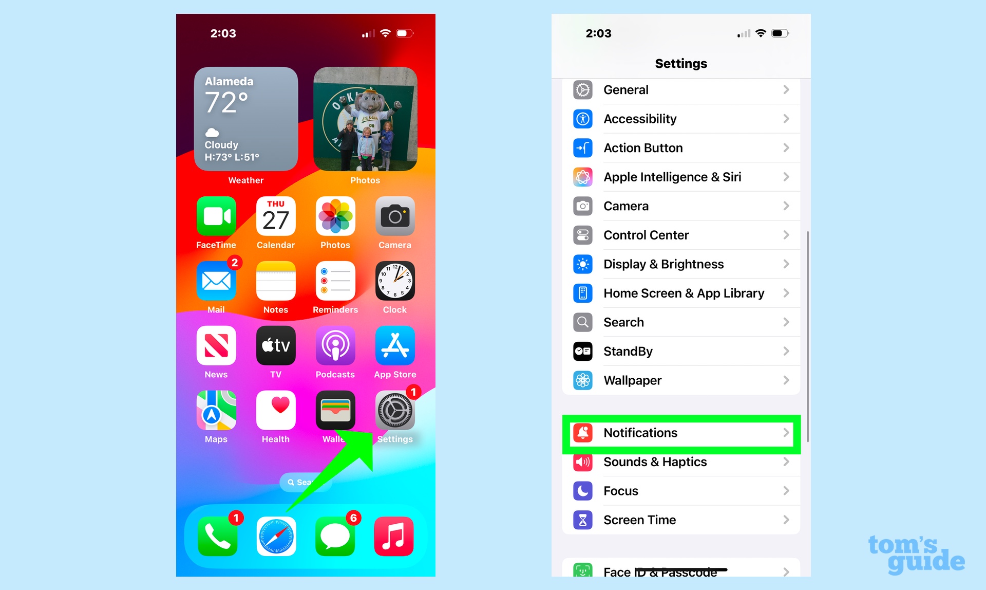Lancement de l'application Paramètres et appuyant sur les notifications