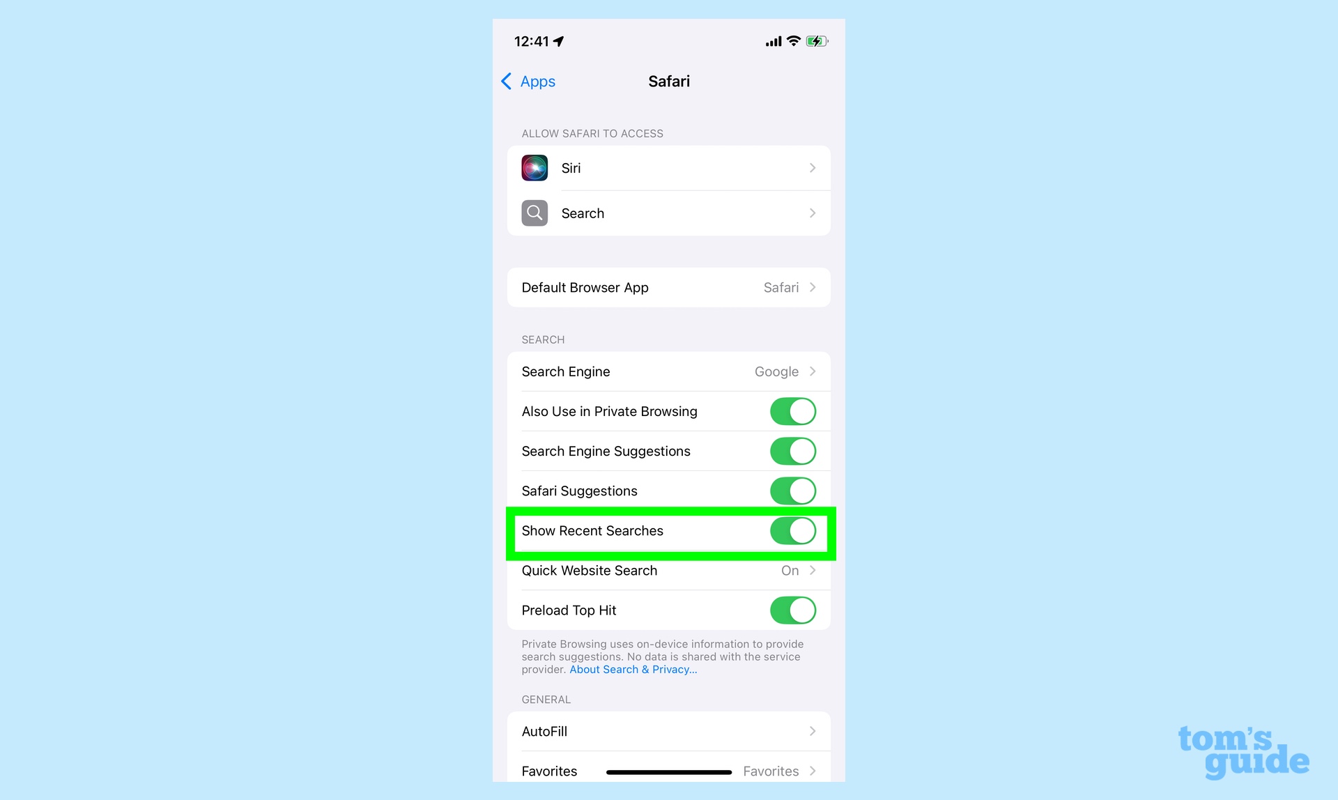 Désactiver les recherches récentes dans les paramètres de safari