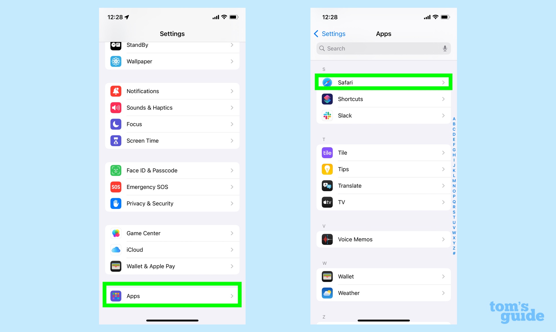 Accédez aux applications dans les paramètres et trouvez safari dans le menu