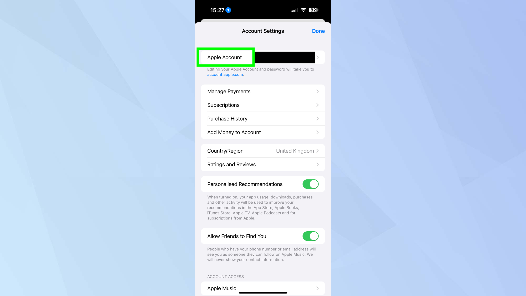 Appuyez sur le compte Apple