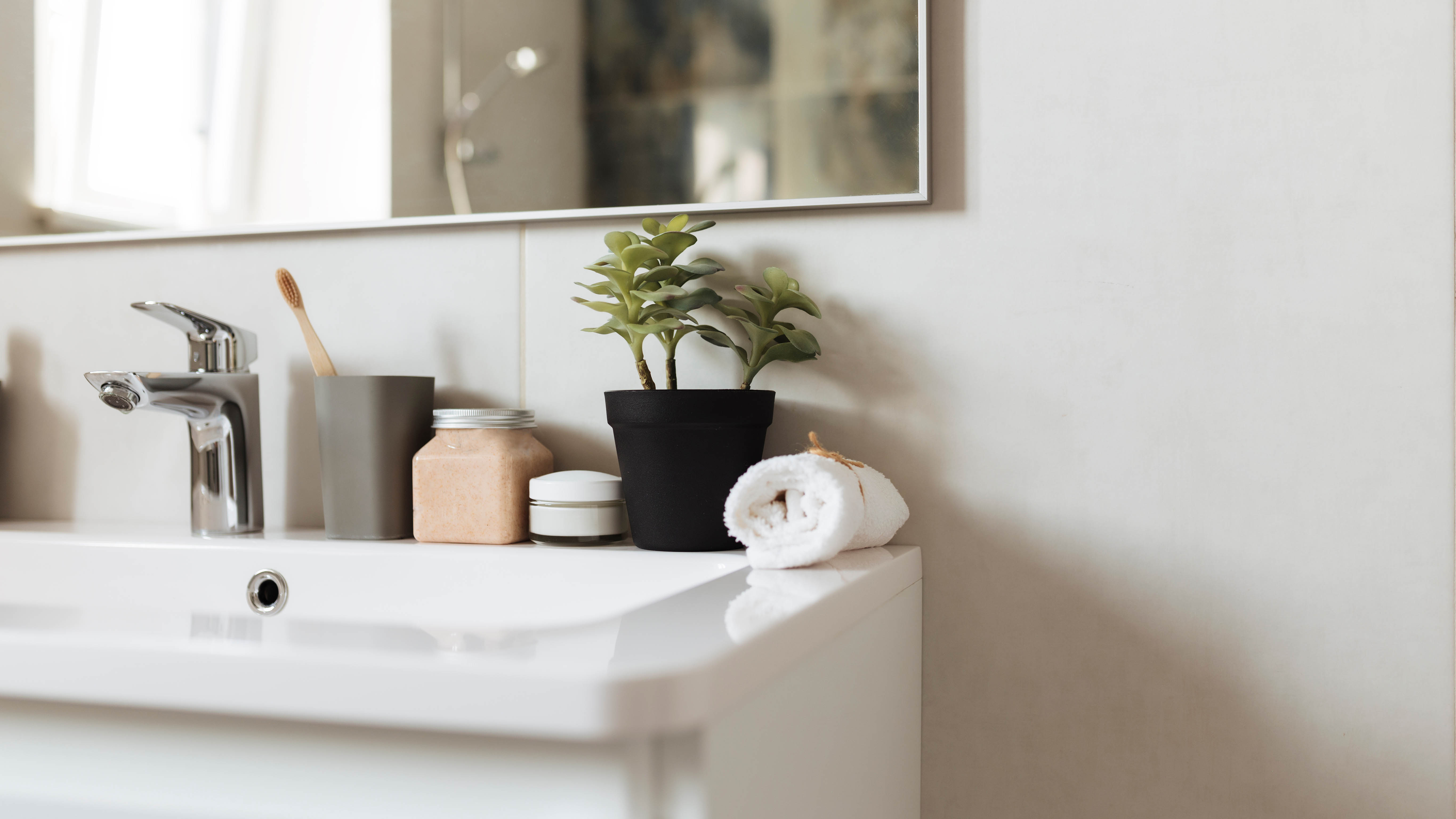 Un lavabo de salle de bain avec une serviette à main, une brosse à dents et une plante