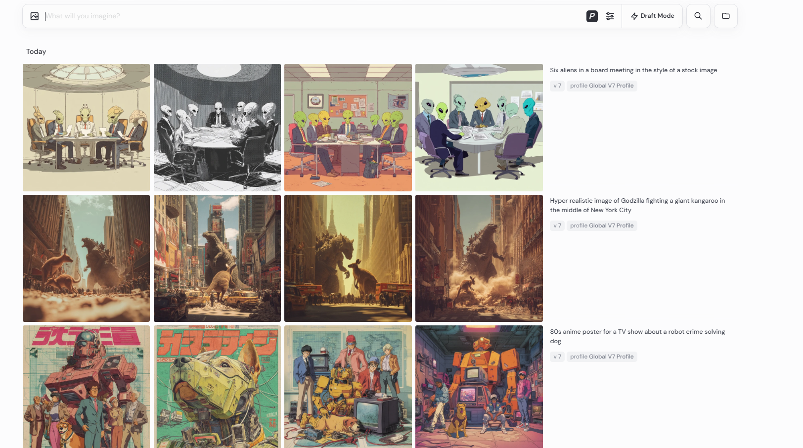 Page de création d'image de Midjourney