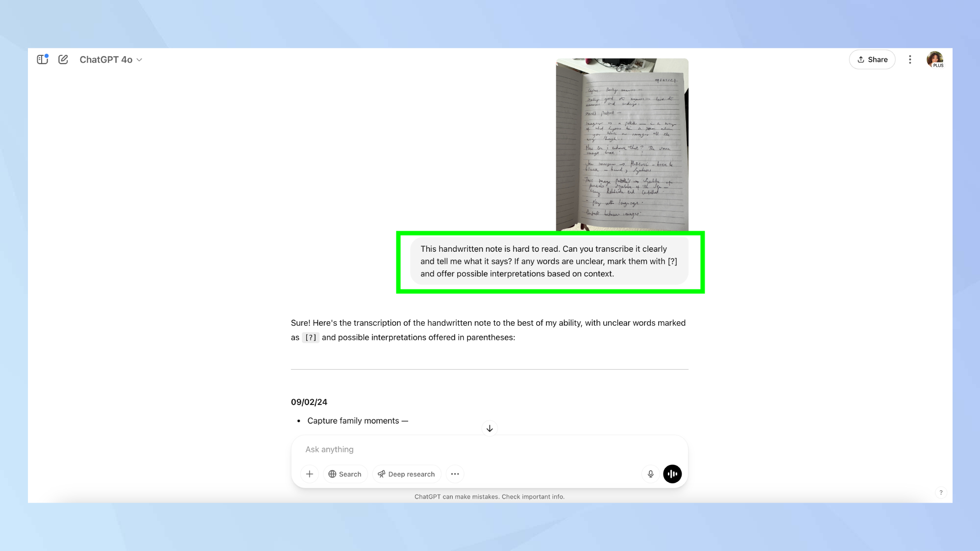 Invite de l'écriture manuscrit de Chatgpt