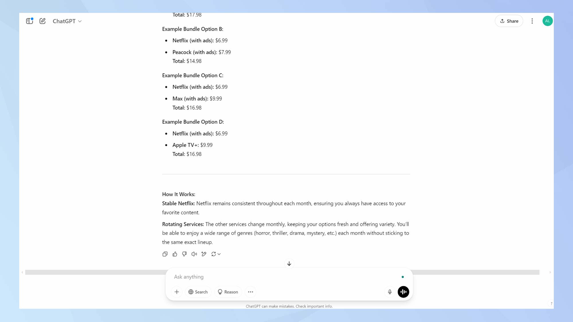 Capture d'écran de l'invite du bundle en streaming dans chatgpt