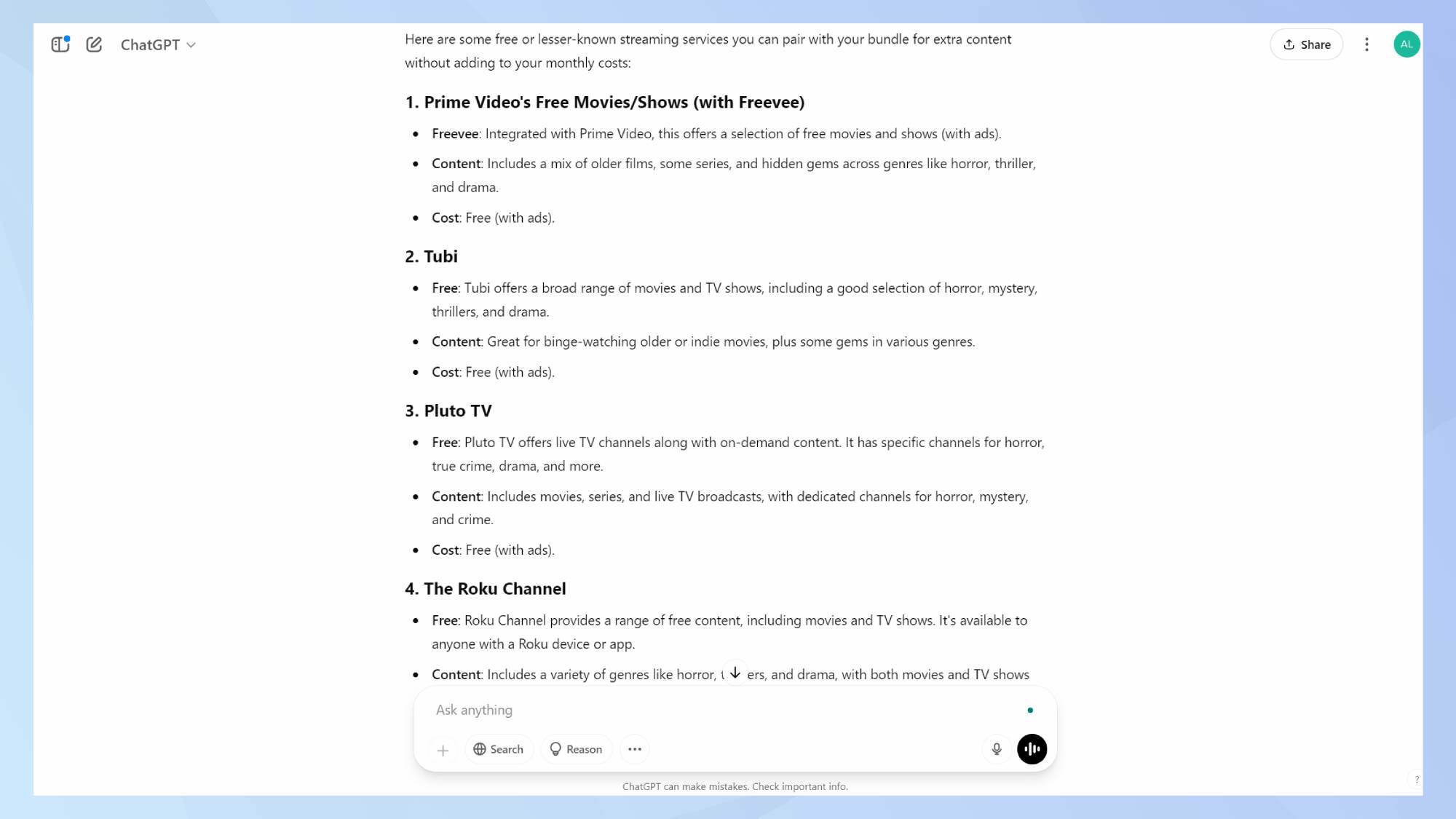 Capture d'écran de l'invite du bundle en streaming dans chatgpt