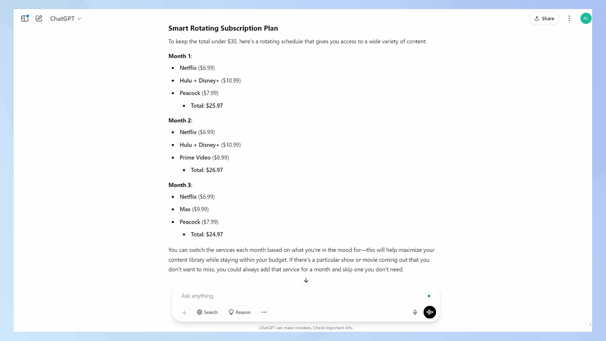 Capture d'écran de l'invite du bundle en streaming dans chatgpt