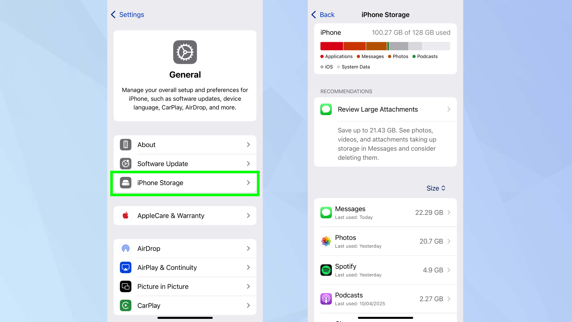 Paramètres de stockage iPhone mis en évidence