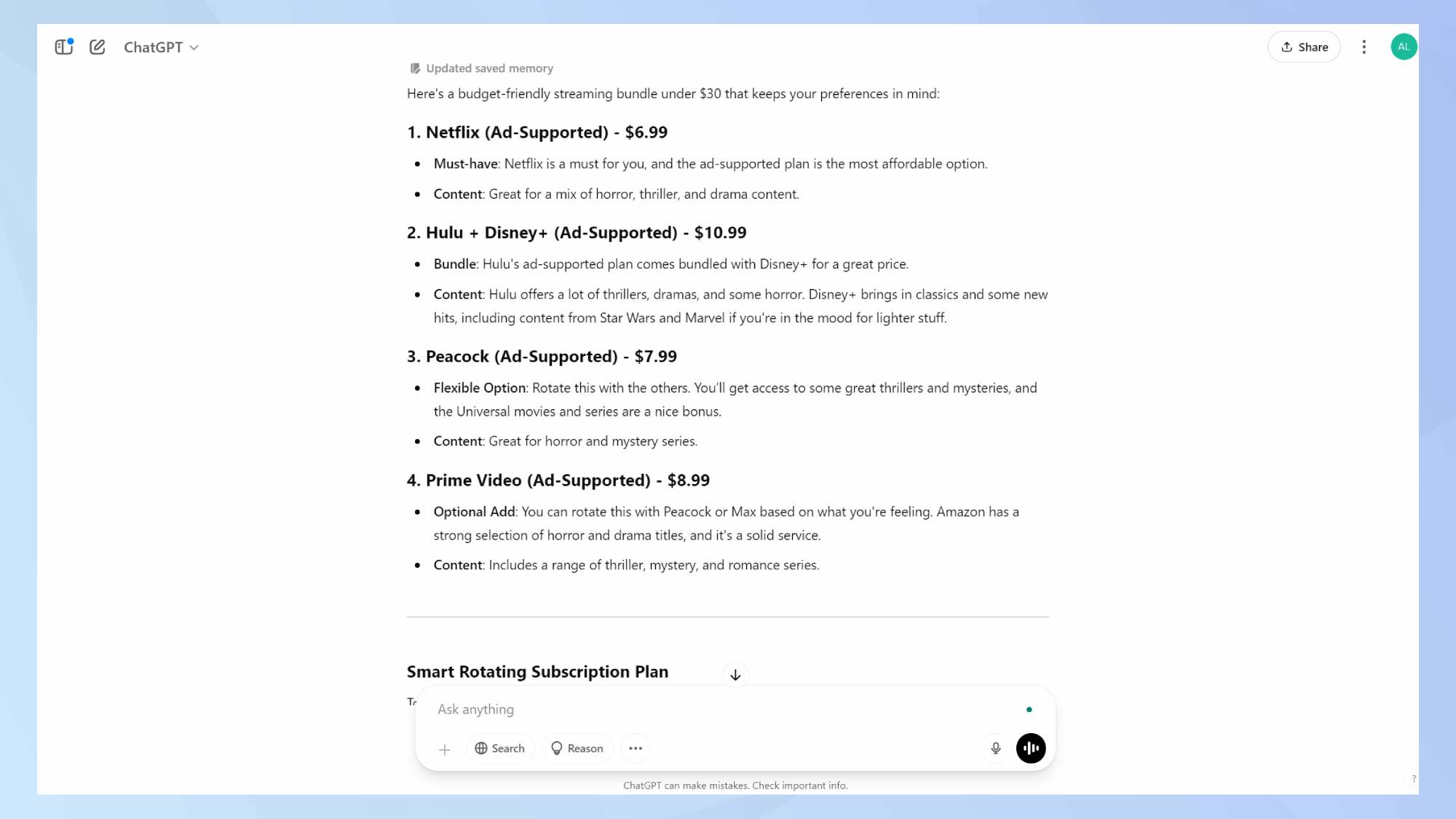 Capture d'écran de l'invite du bundle en streaming dans chatgpt