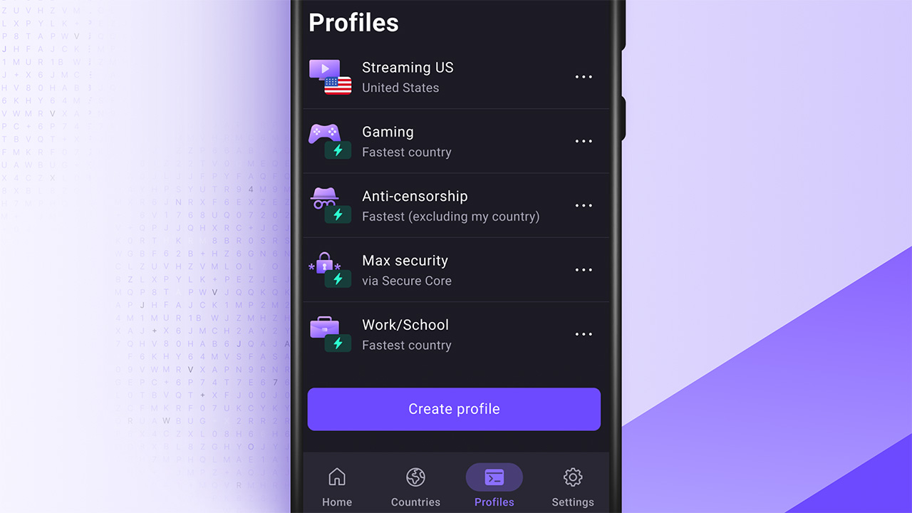 Exemple de fonctionnalité de profils de proton VPN