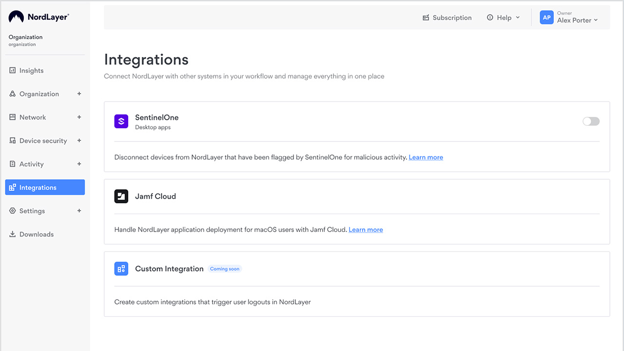 Capture d'écran des paramètres d'intégration de Nordlayer, avec Sentinélone Disaply