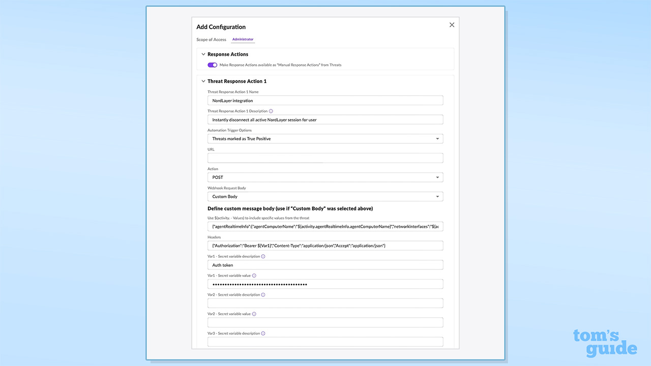 Capture d'écran des paramètres de configuration de Sentineone nécessaire pour s'intégrer dans Nordlayer
