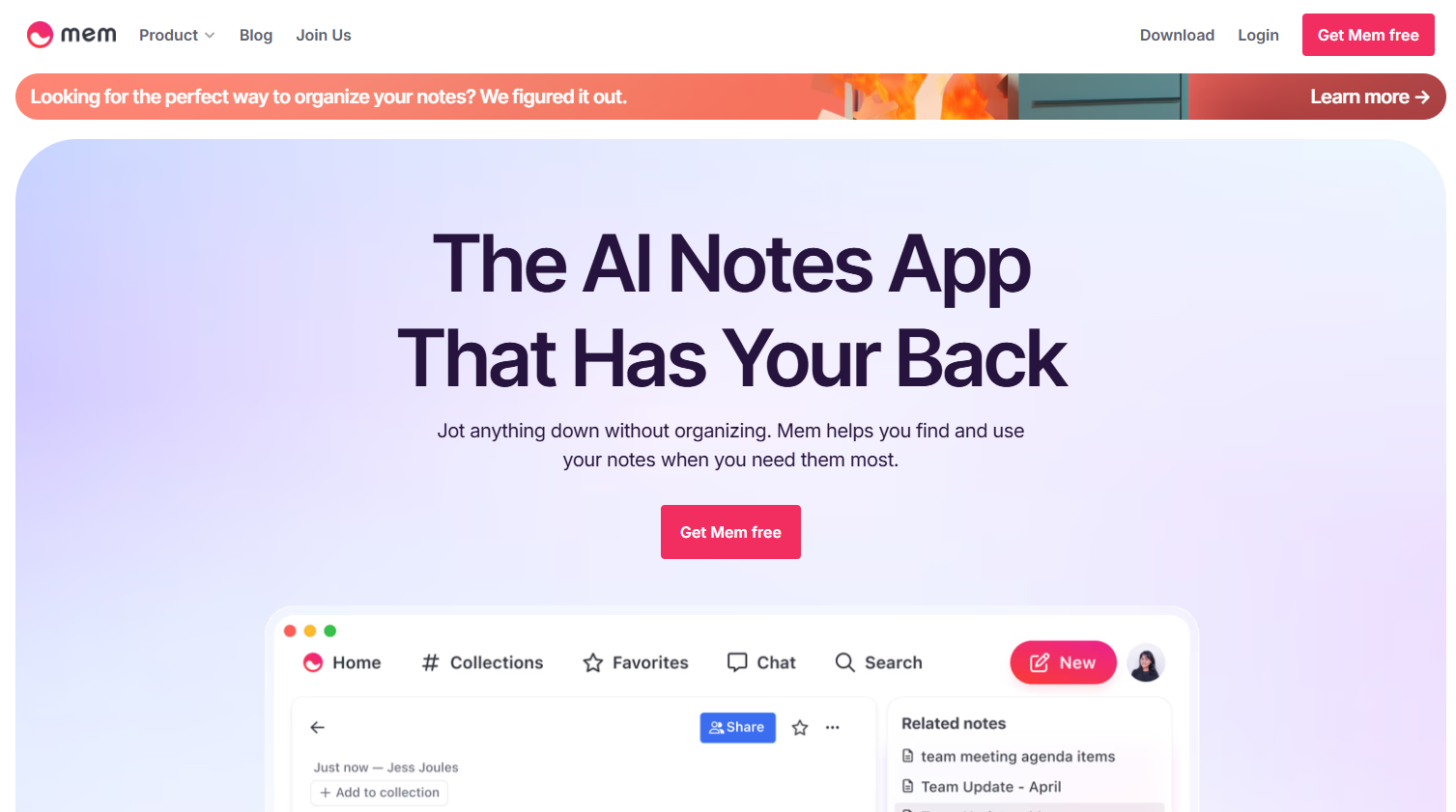 Une capture d'écran du site Web MEM AI