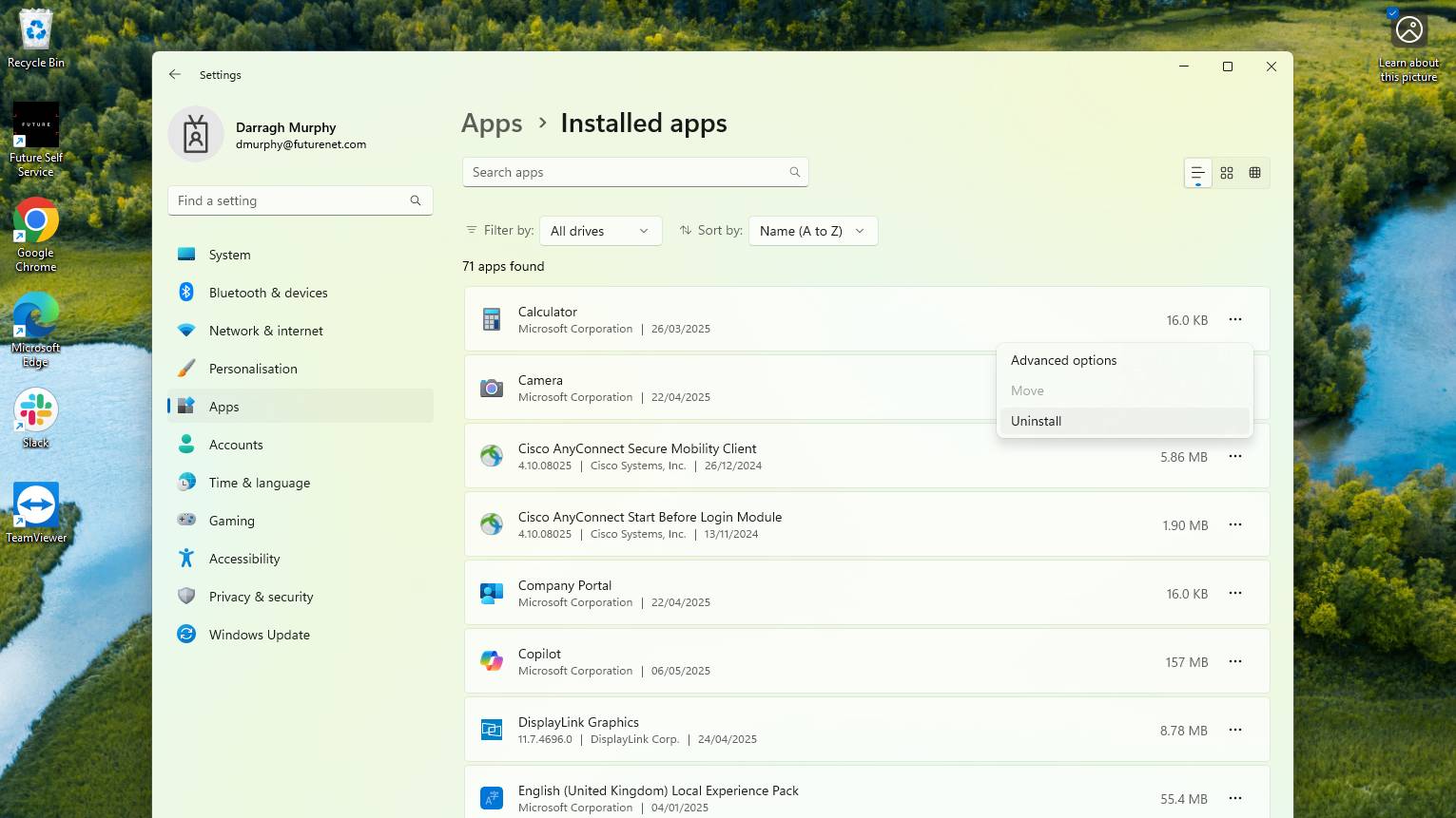 Capture d'écran des paramètres de Windows 11 affichant l'option de désinstallation de l'application