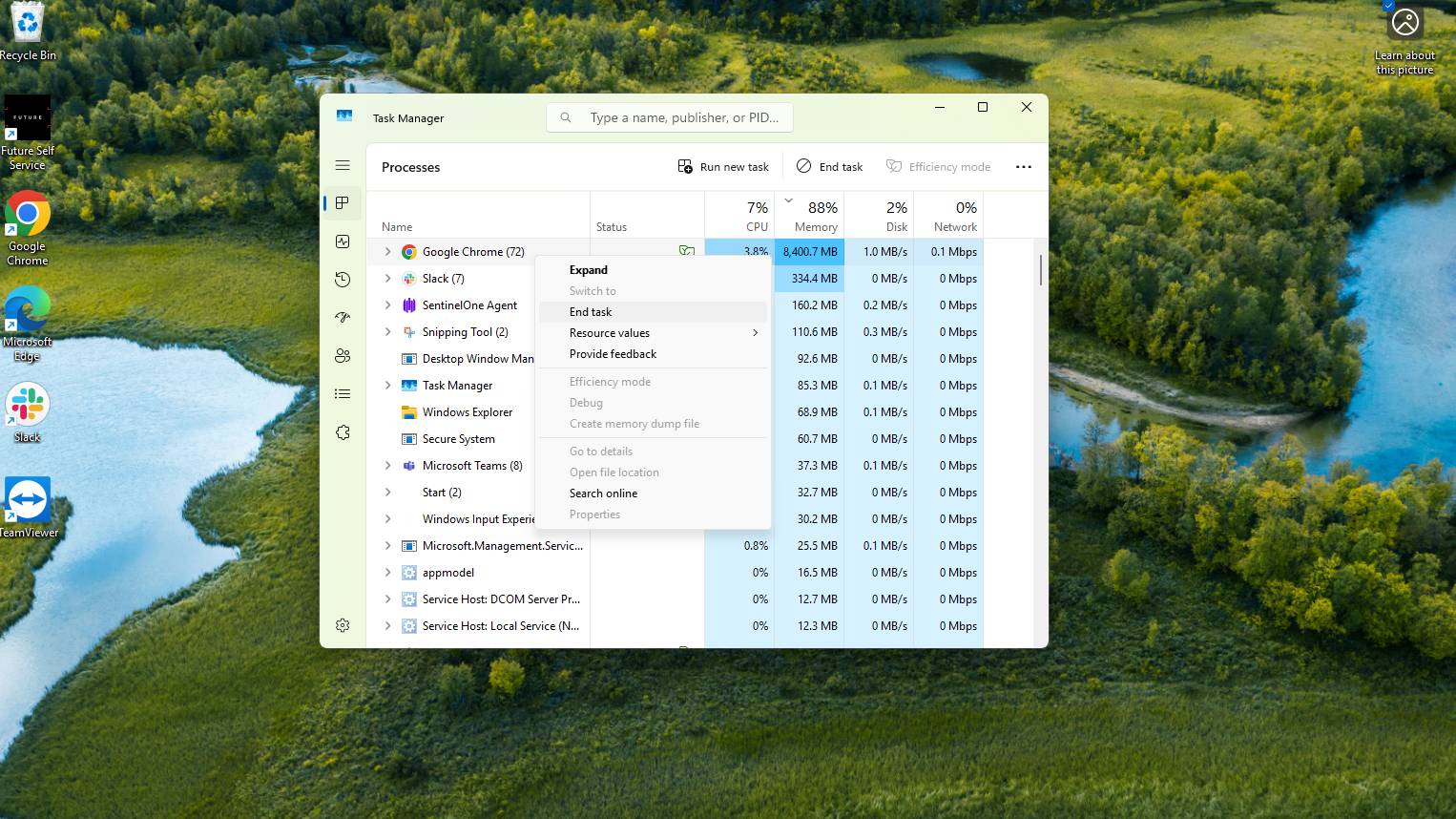 Capture d'écran du Gestionnaire des tâches de Windows 11 sélectionnant Fin de tâche