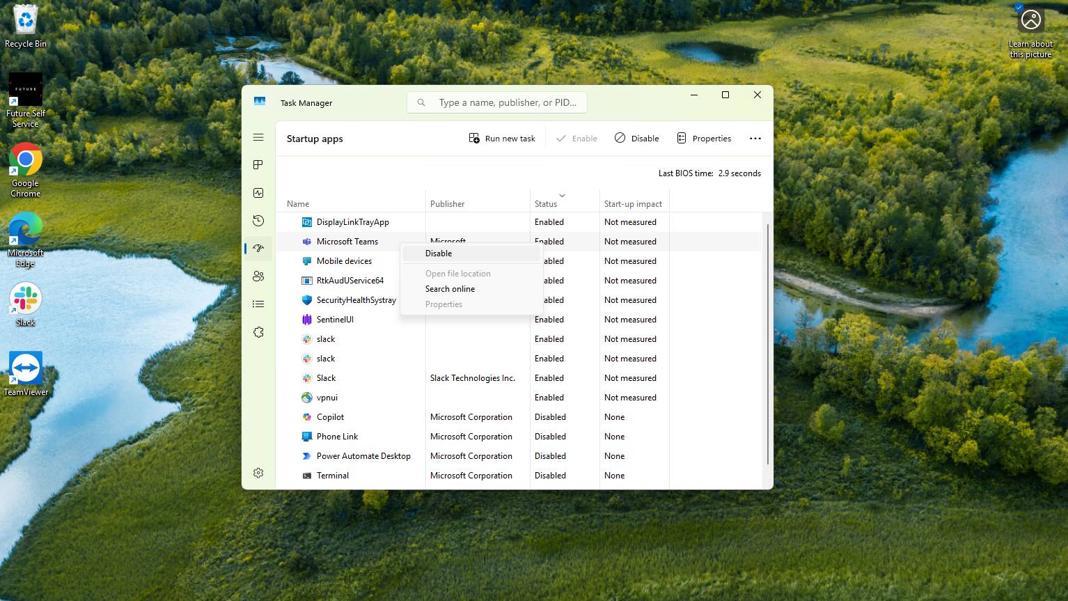 Capture d'écran du gestionnaire de tâches de Windows 11 affichant l'option de désactivation
