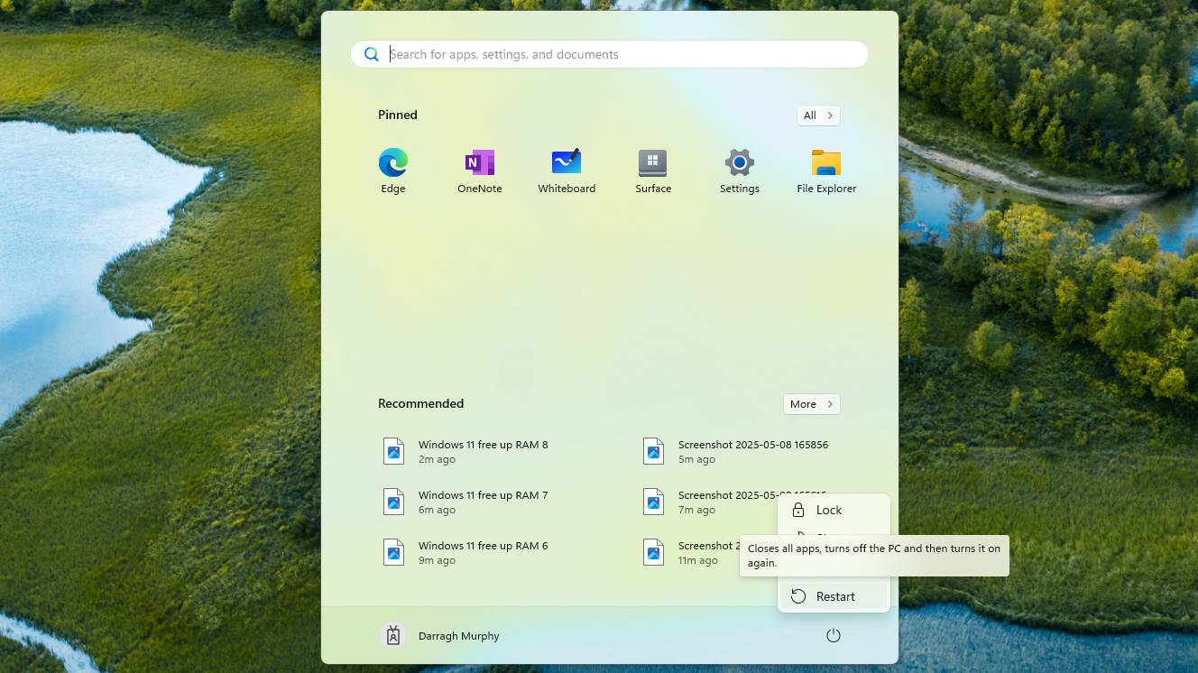 Capture d'écran du menu Démarrer Windows 11 Affichage de l'option de redémarrage