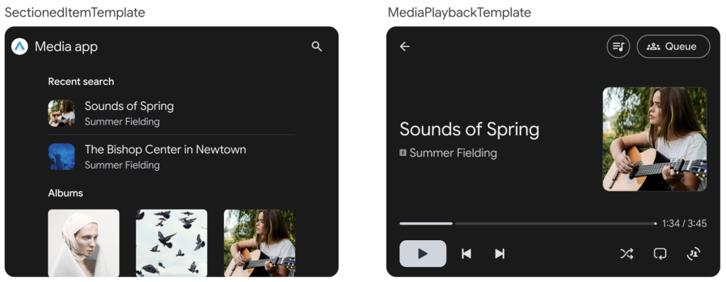 Exemples de la sectioneDItemTemplate et MediaPlayBackTemplate désormais disponible dans la bibliothèque d'application de voiture 1.8 Alpha pour Android Auto.