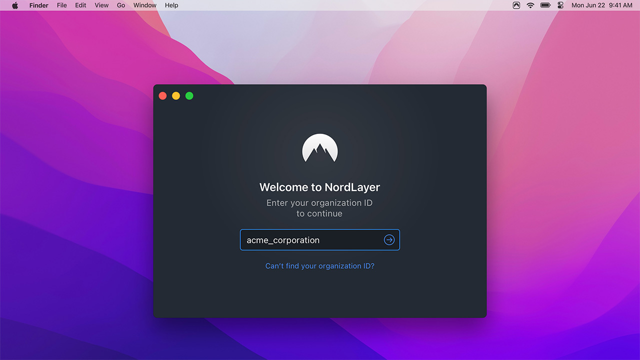 Écran de démarrage de Nordlayer, avec des informations de connexion, affichés sur MacOS Desktop