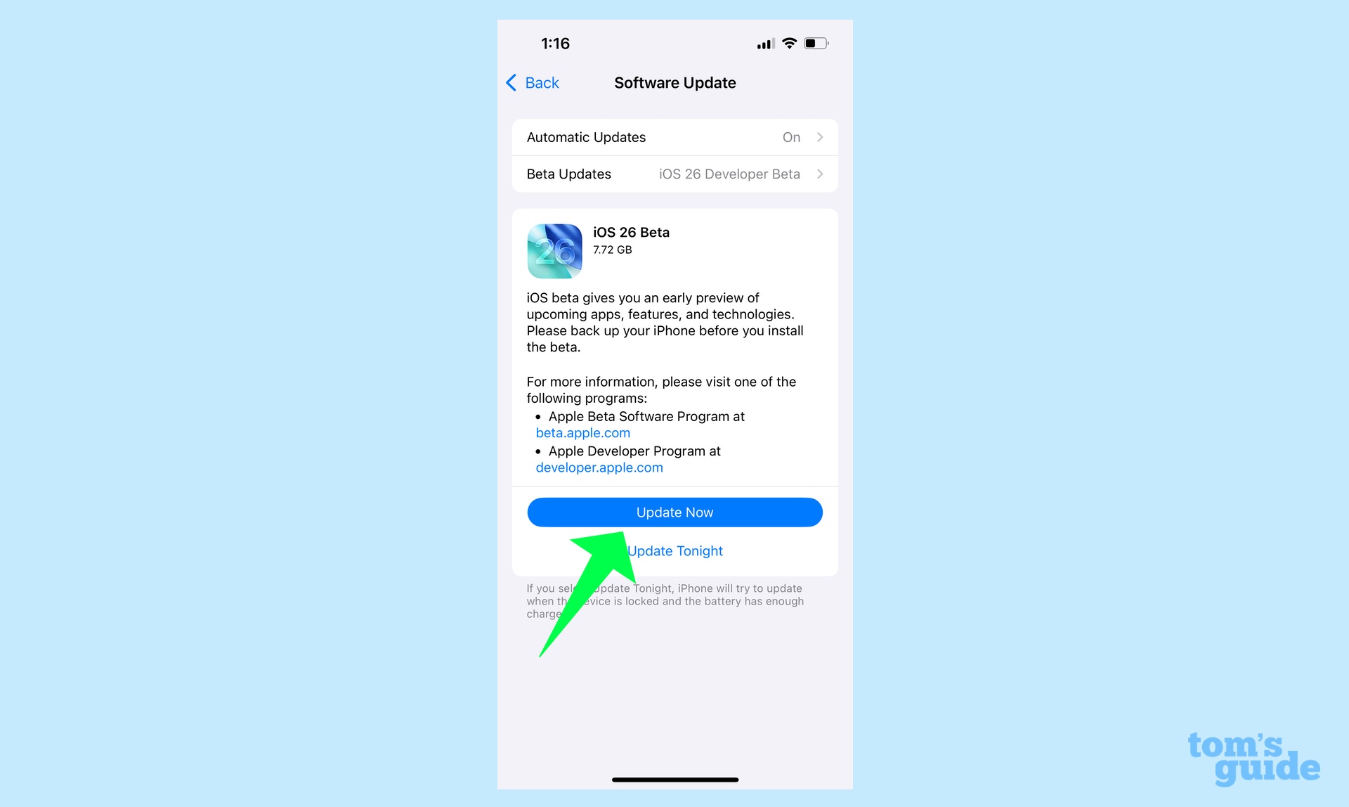 Sélectionnez Installer Beta
