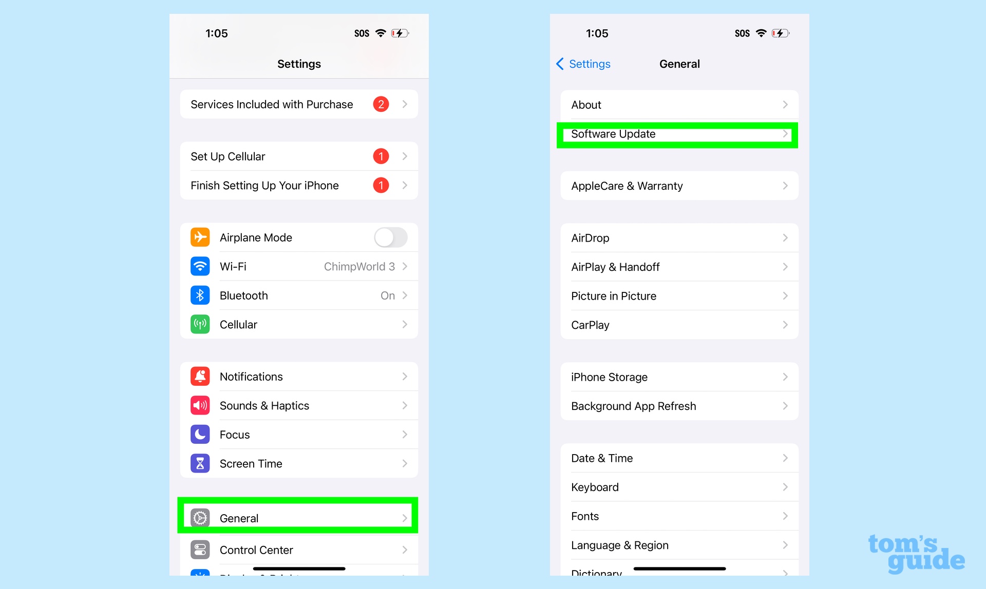 Accédez aux paramètres et sélectionnez la mise à jour du logiciel