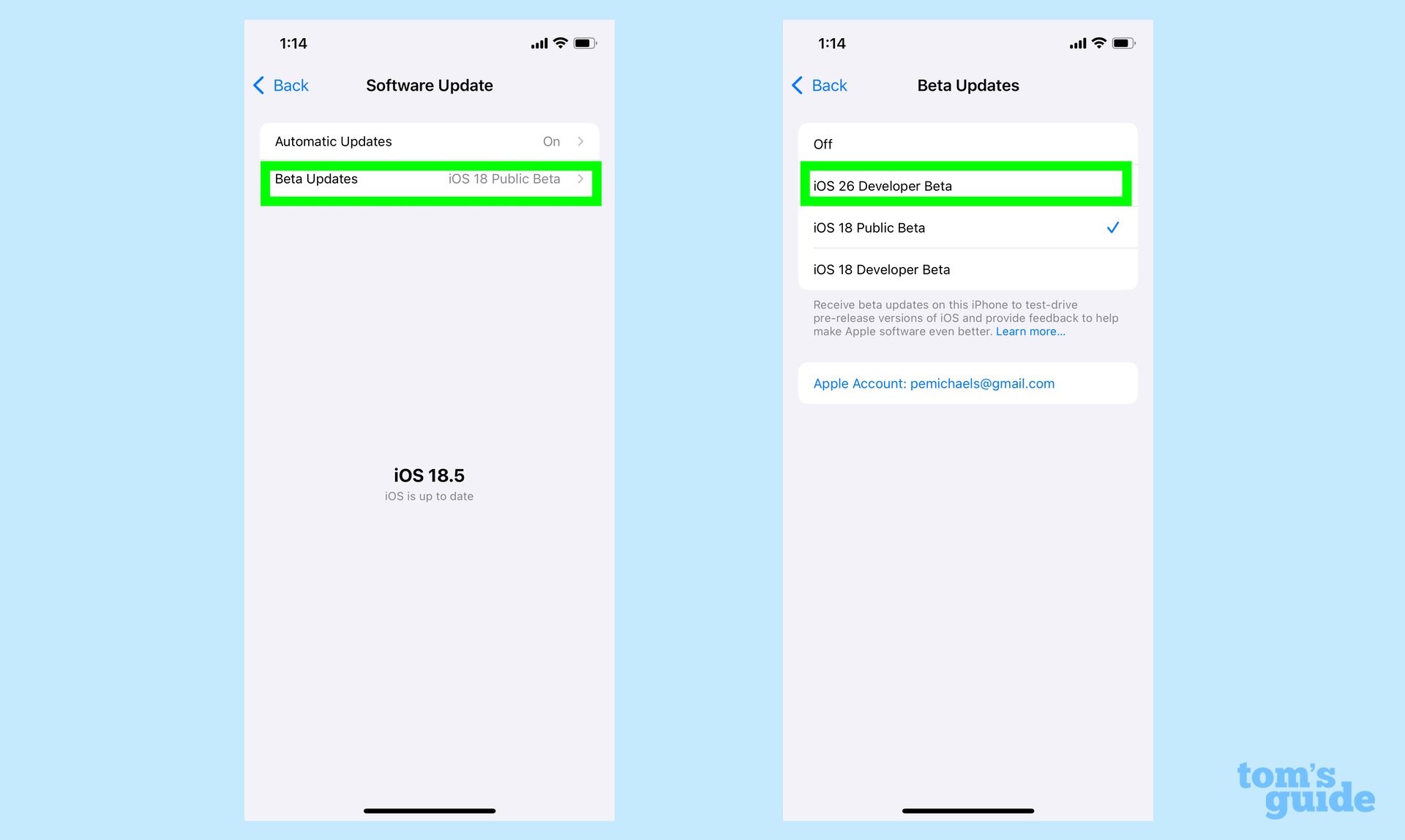 Sélectionnez la version bêta du développeur iOS 26 dans la liste des téléchargements disponibles