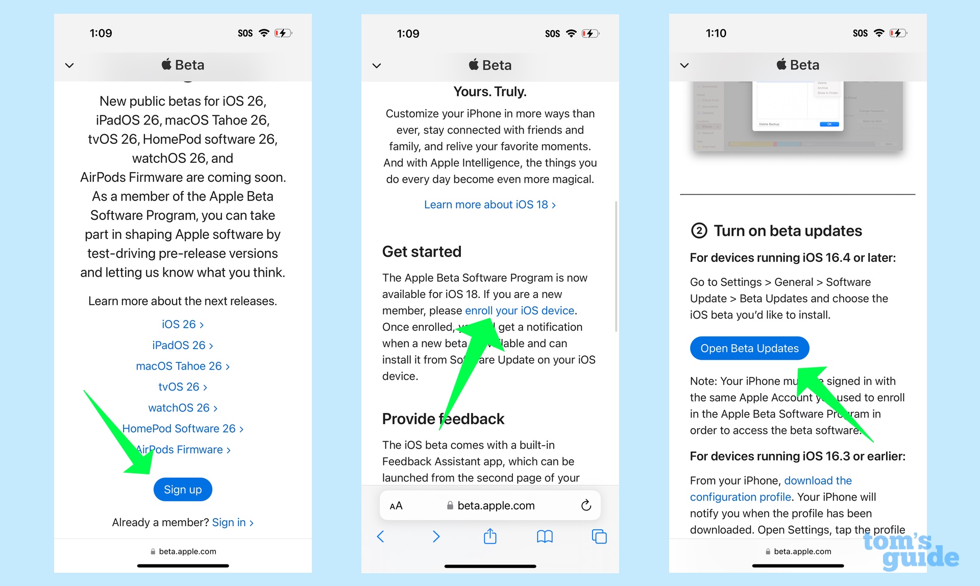 Écrans d'inscription du programme Apple Beta