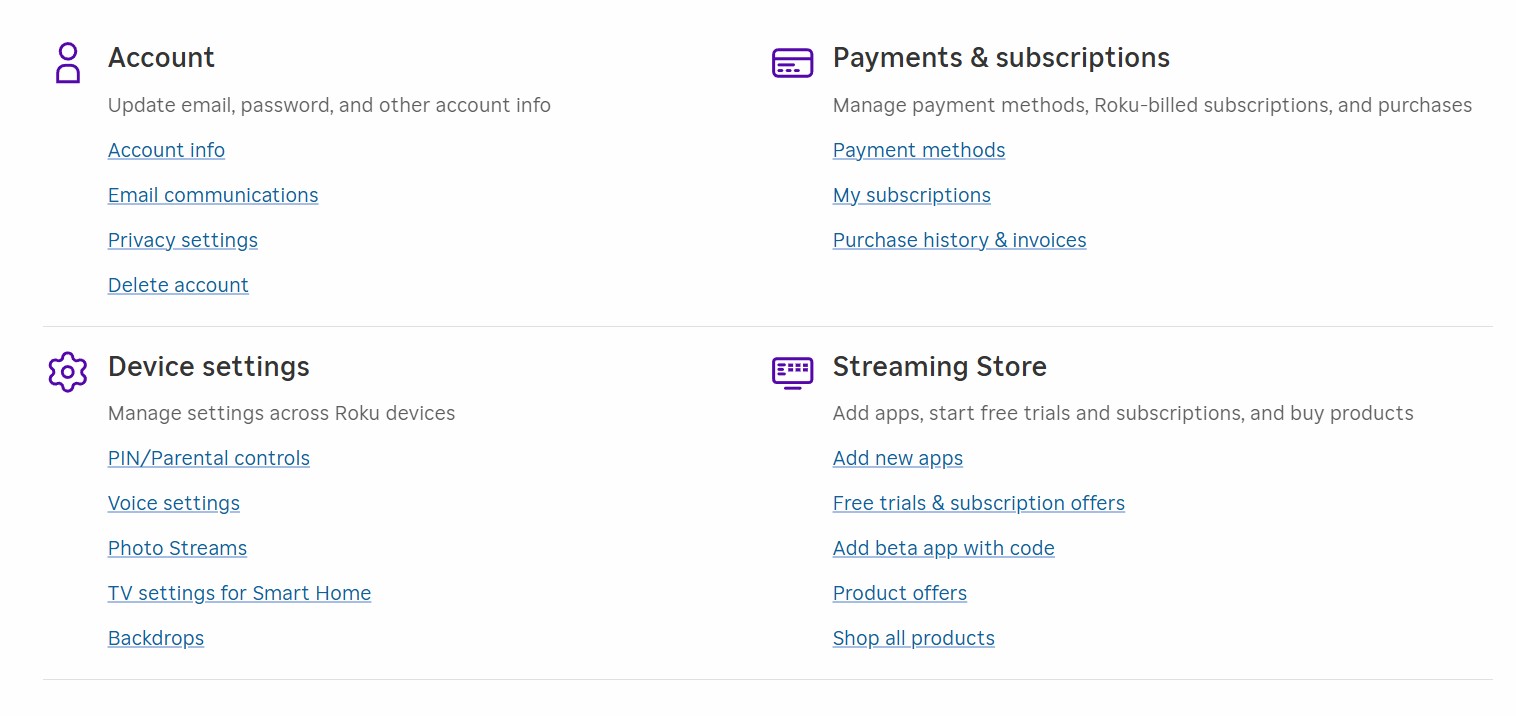 Capture d'écran des paramètres du compte Roku